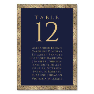Navy Blue Gold Roses Guest Names Seating Chart Table Number