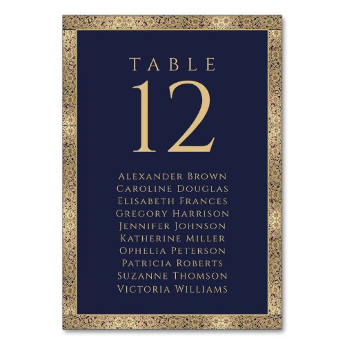 Navy Blue Gold Roses Guest Names Seating Chart Table Number