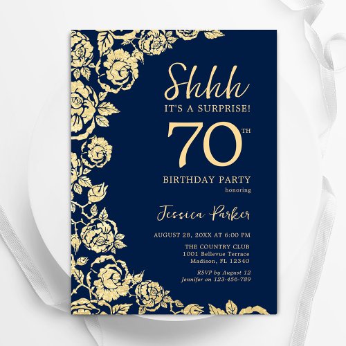 Navy Blue Gold Roses Surprise 70th Birthday Invitation