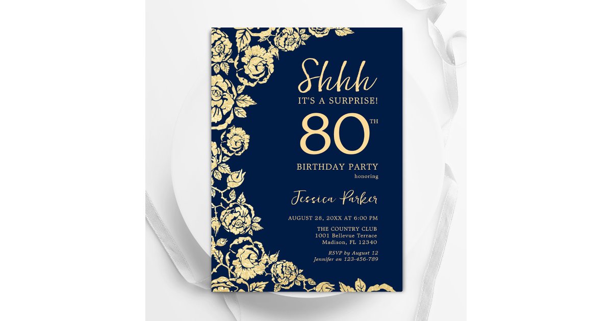 Navy Blue Gold Roses Surprise 80th Birthday Invitation Zazzle