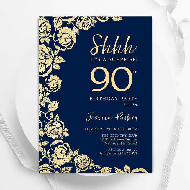 Navy Blue Gold Roses Surprise 90th Birthday Invitation (Creator Uploaded)