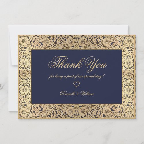 Navy Blue Gold Roses Vintage Calligraphy Wedding T Thank You Card