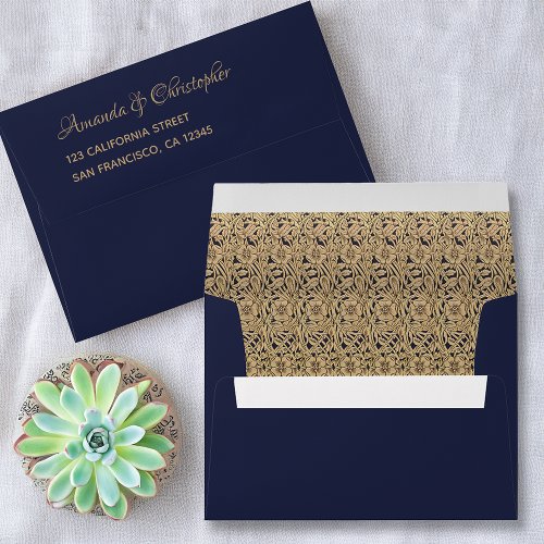 Navy Blue Gold Roses Vintage Elegant Address  Envelope