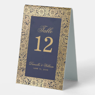 Navy Blue Gold Roses Vintage Elegant Calligraphy Table Tent