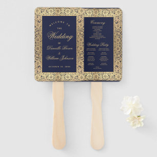 Navy Blue Gold Roses Vintage Wedding Program Hand Fan