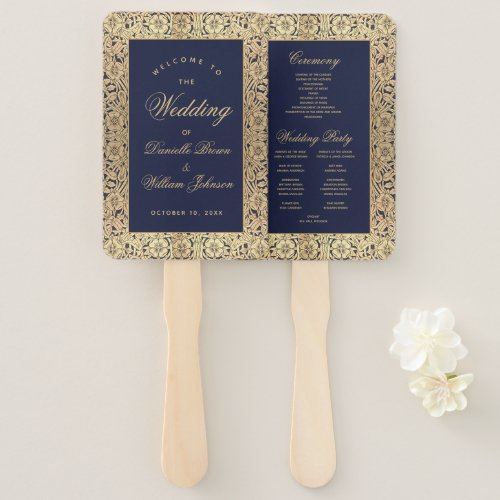 Navy Blue Gold Roses Vintage Wedding Program Hand Fan