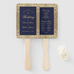 Navy Blue Gold Roses Vintage Wedding Program Hand Fan