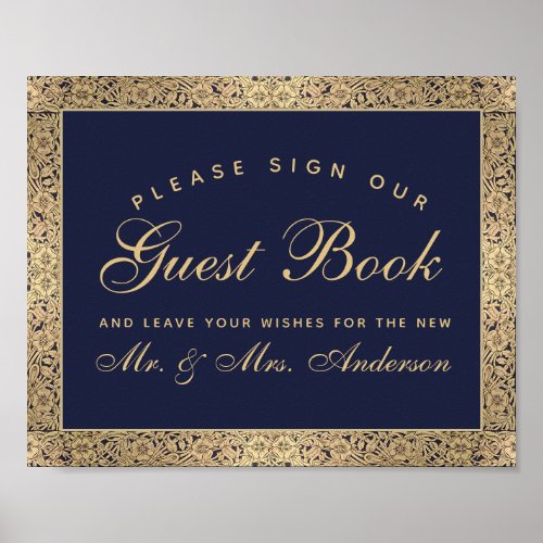  Navy Blue Gold Roses Wedding Sign Our Guest Book