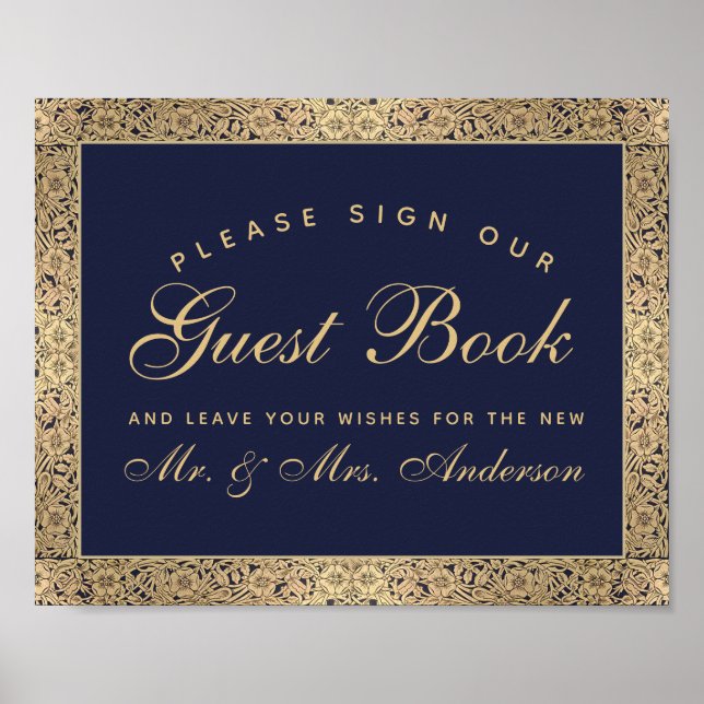  Navy Blue Gold Roses Wedding Sign Our Guest Book (Front)