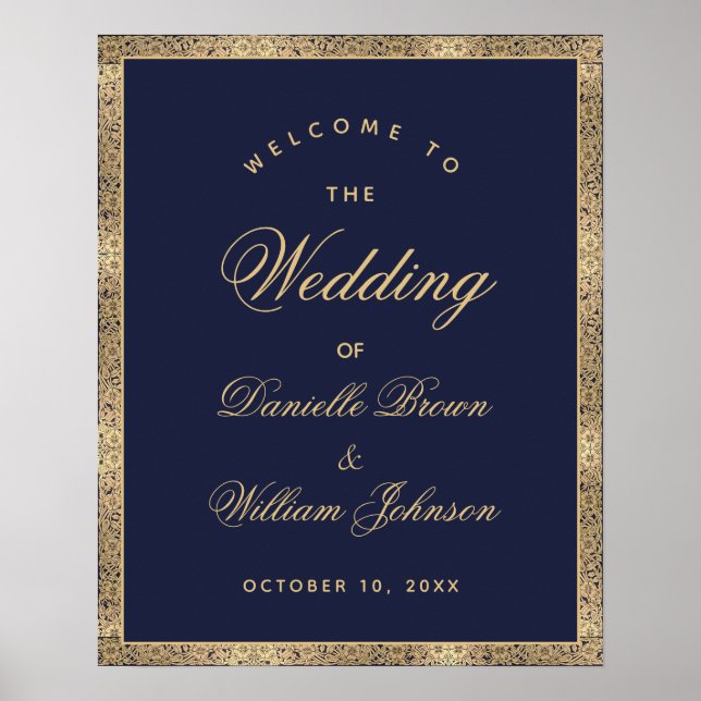 Navy Blue Gold Roses Welcome to the Wedding Sign (Front)