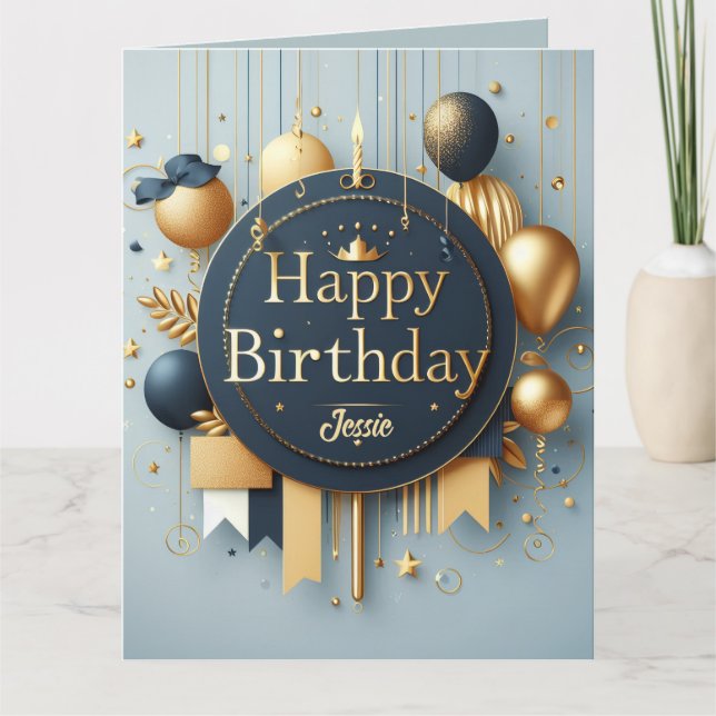 Navy Blue & Gold Royal Crown Happy Birthday Card (Front)