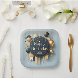 Navy Blue & Gold Royal Crown Happy Birthday Party Paper Plates
