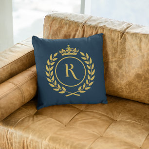 Navy Blue Gold Royal Crown Laurel Wreath Monogram Throw Pillow