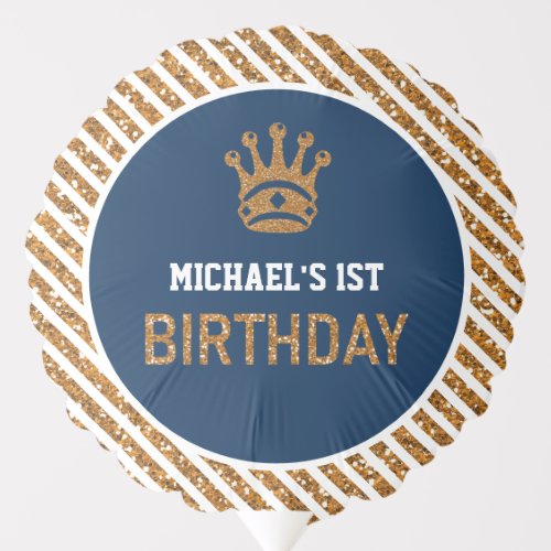 Navy Blue Gold Royal Prince Crown First Birthday Balloon