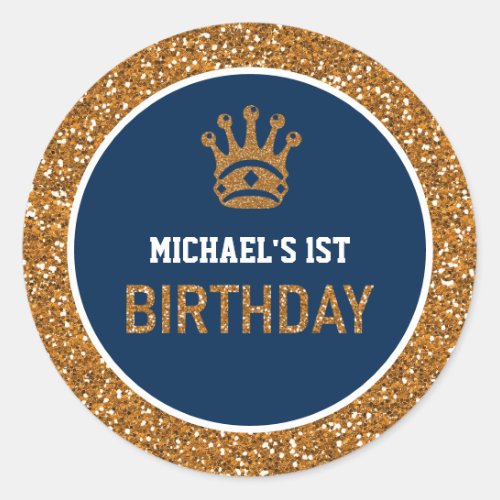 Navy Blue Gold Royal Prince Crown First Birthday Classic Round Sticker