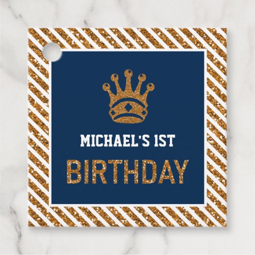 Navy Blue Gold Royal Prince Crown First Birthday Favor Tags