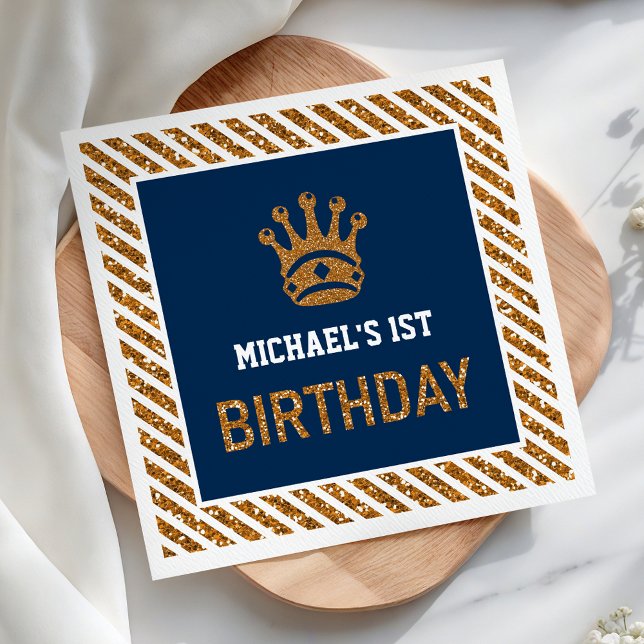 Navy Blue Gold Royal Prince Crown First Birthday Napkins (Creator Uploaded)