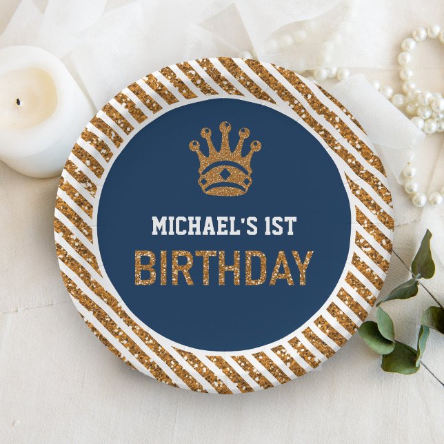 Navy Blue Gold Royal Prince Crown First Birthday Paper Plates (Creator Uploaded)
