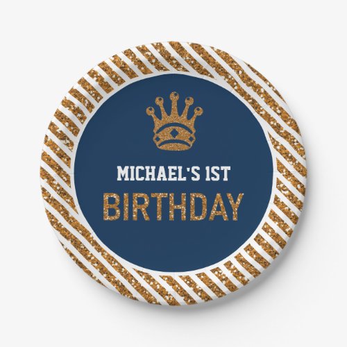 Navy Blue Gold Royal Prince Crown First Birthday Paper Plates