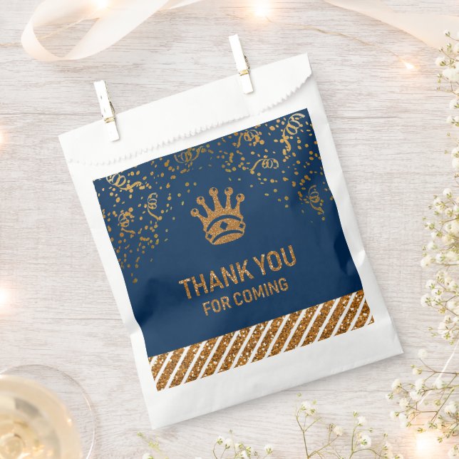 Navy Blue Gold Royal Prince Crown Thank You Favor Bag (Clipped)