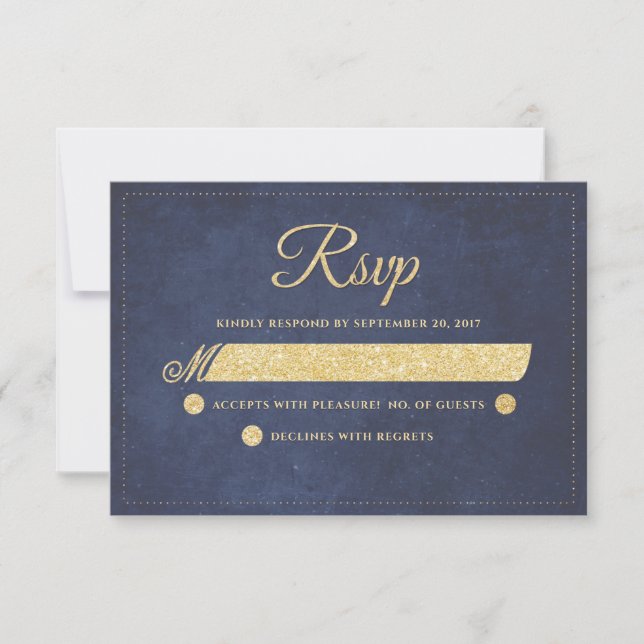 Navy Blue Gold Rustic Chic Wedding RSVP Card (Front)