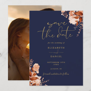 Navy Blue Gold Rustic Floral Photo Fall Wedding Save The Date