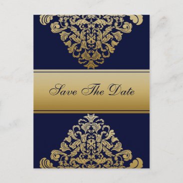 "navy blue" gold save the date announcement postcard