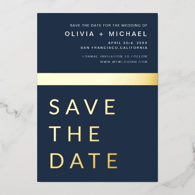 Navy Blue Gold Save the Date Elegant Foil Invitation (Front)