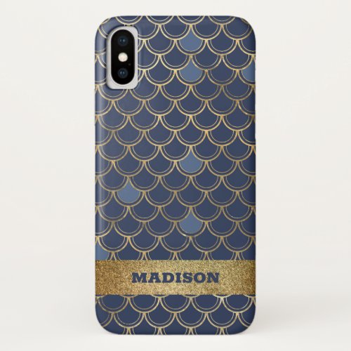 Navy Blue Gold Scales Monogram Your Name iPhone XS Case