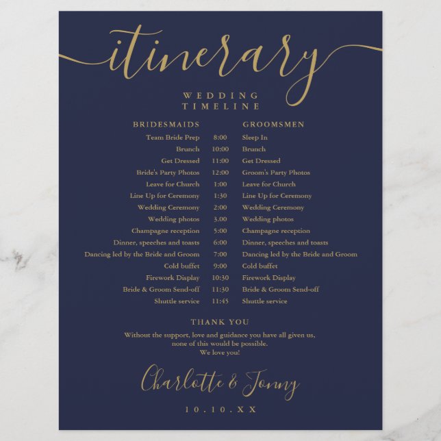 Navy Blue Gold Schedule Wedding Itinerary Timeline (Front)