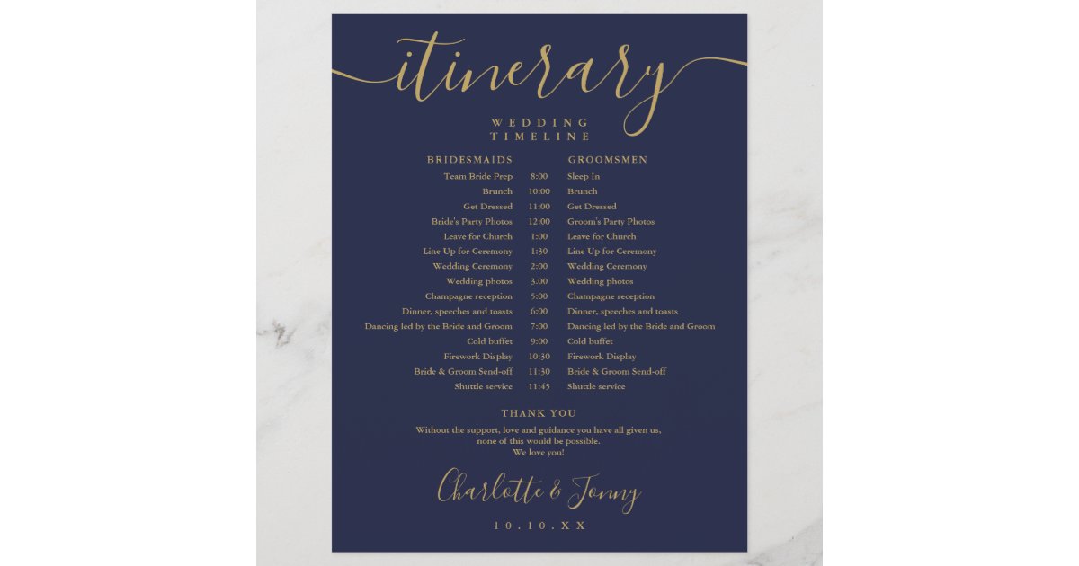Navy Blue Gold Schedule Wedding Itinerary Timeline Zazzle