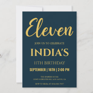 Navy Blue & Gold Script 11th Birthday Invitation