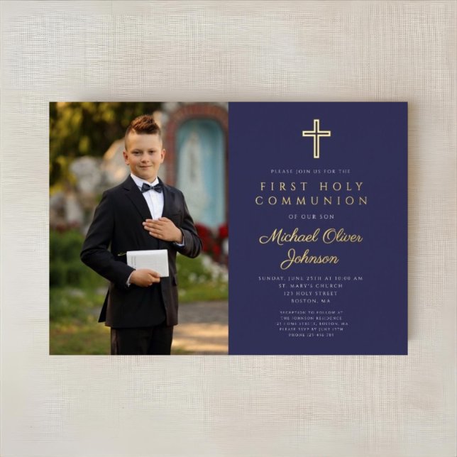 Navy Blue Gold Script Boy Photo First Communion Foil Invitation (Navy Blue Gold Script Boy Photo First Communion Foil Invitation)