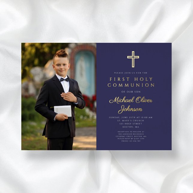 Navy Blue Gold Script Boy Photo First Communion Foil Invitation (Navy Blue Gold Script Boy Photo First Communion Foil Invitation)