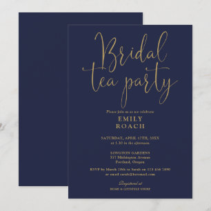 Navy Blue Gold Script Bridal Tea Party Shower Invitation