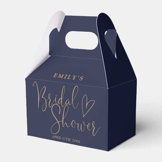 Navy Blue Gold Script Calligraphy Bridal Shower Favor Boxes (Front Side)