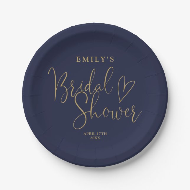 Navy Blue Gold Script Calligraphy Bridal Shower Paper Plates (Front)
