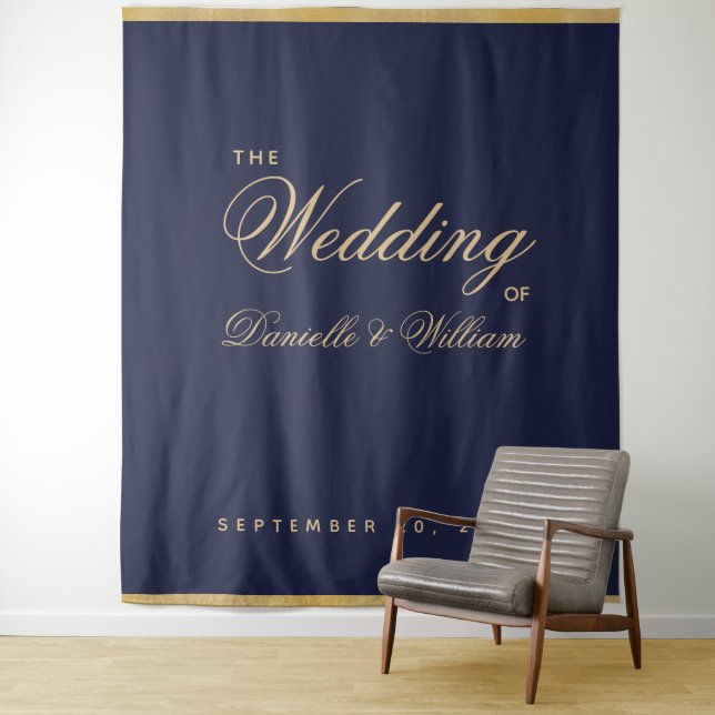 Navy Blue Gold Script Calligraphy Wedding Backdrop (In Situ)