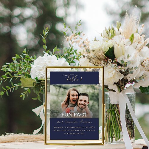 Navy Blue  Gold Script Fun Facts Photo Wedding Table Number