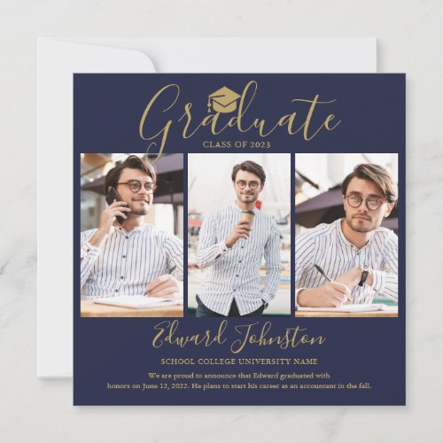 Navy Blue Gold Script Graduate 4 Photo Graduation Announcement