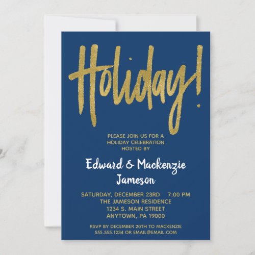 Navy Blue Gold Script Holiday Party Invitation
