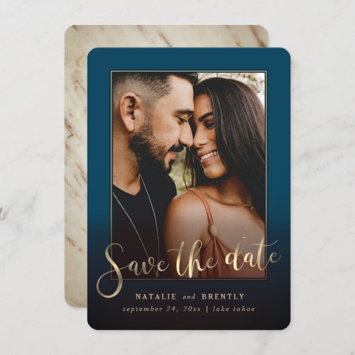 Navy Blue Gold Script  Marble Photo Overlay Save The Date