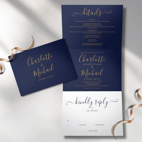 Navy Blue Gold Script Minimalist Photo Wedding Tri_Fold Invitation