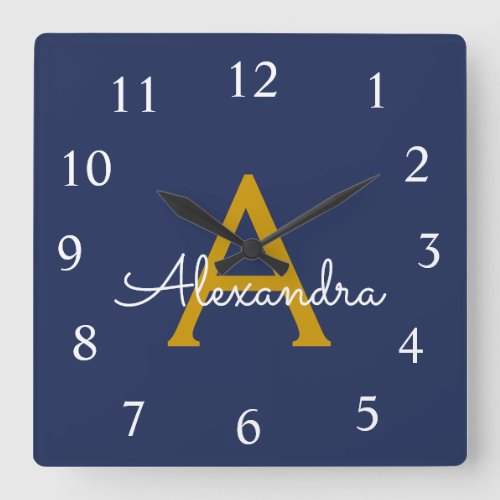 Navy Blue Gold Script Monogram Girly Name Square Wall Clock