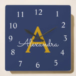 Navy Blue Gold Script Monogram Girly Name Square Wall Clock<br><div class="desc">Gold and Navy Blue Script Monogram Name Clock. This makes the perfect sweet 16 birthday,  wedding,  bridal shower,  anniversary,  baby shower or bachelorette party gift for someone that loves glam luxury and chic styles.</div>