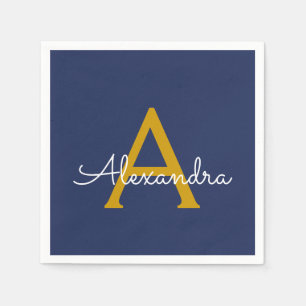Navy Blue Gold Script Monogram Name Modern Napkins
