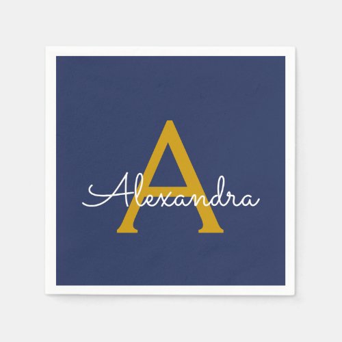 Navy Blue Gold Script Monogram Name Modern Napkins