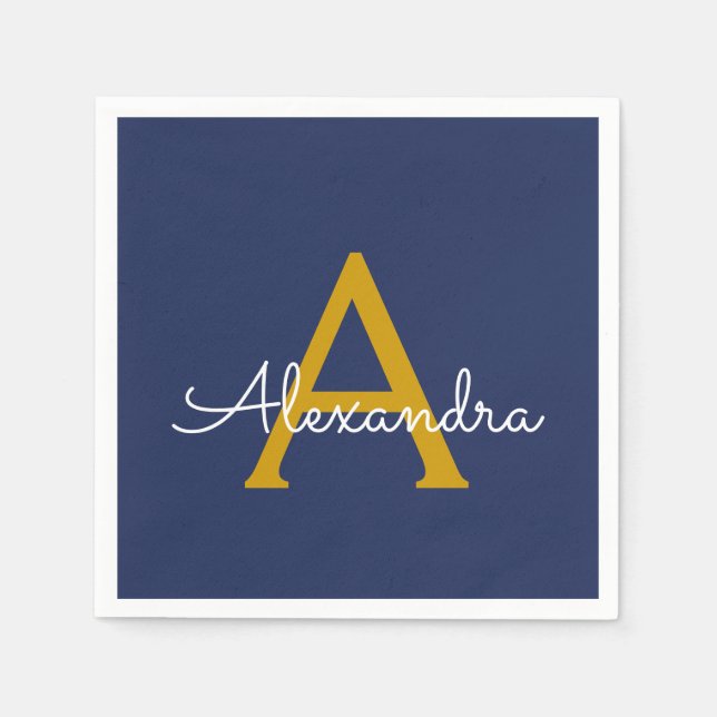 Navy Blue Gold Script Monogram Name Modern Napkins (Front)