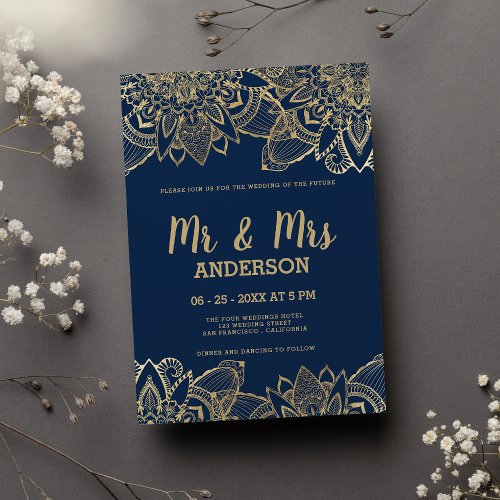Navy blue gold script MR MRS mandala wedding  Invitation