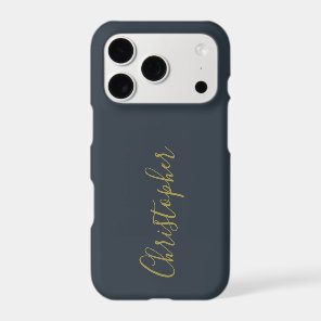 Navy Blue Gold Script Name Minimalist Monogram Men iPhone 17 Pro Case